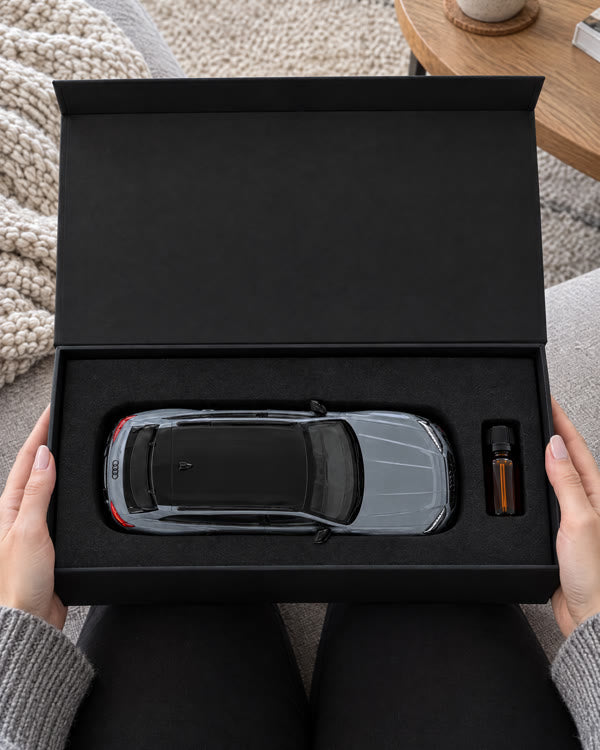 Motor Mist gift box with a model car and essential oil